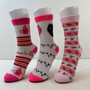 Womens Crew Socks Set 3 Valentines Day Hearts Cats Coffee Mustaches Pink White